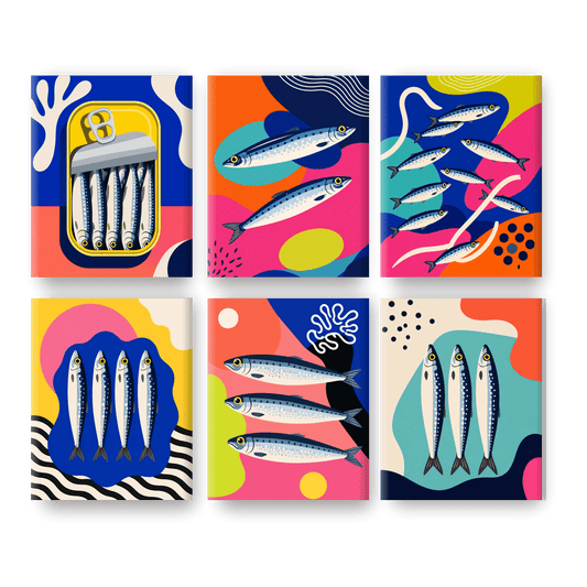 6 Mini-Gemälde | Sardinen-Pop-Art Set - Malen nach Zahlen