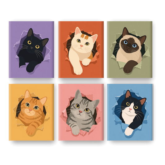 6 Mini-Gemälde | Herausspringende Katzen Set - Malen nach Zahlen