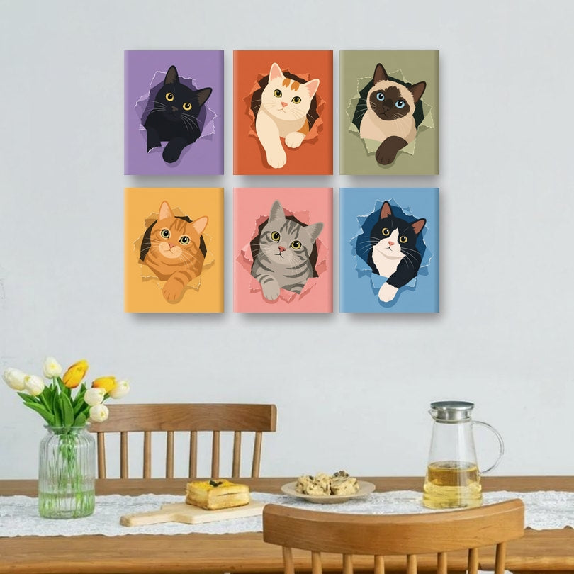 6 Mini-Gemälde | Herausspringende Katzen Set