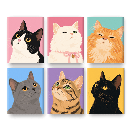 6 Mini-Gemälde | Katzenrassen-Porträts Set - Malen nach Zahlen