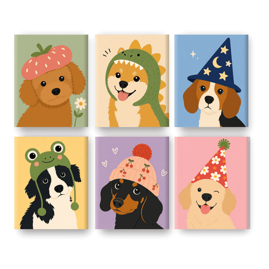 6 Mini-Gemälde | Hunde mit lustigen Hüten Set - Malen nach Zahlen