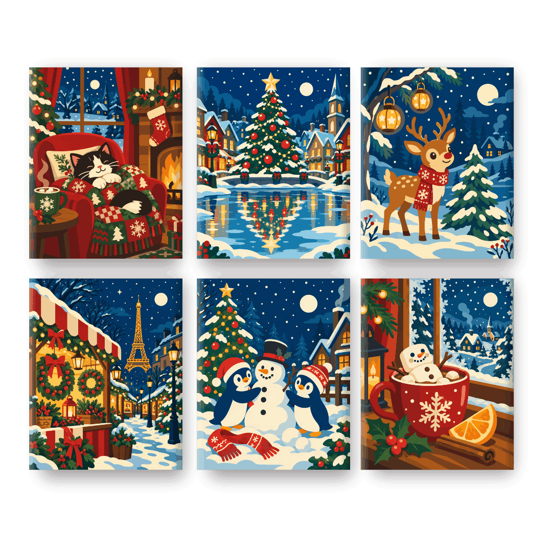 6 Mini-Gemälde | Weihnachtliche Nachtszenen Set - Malen nach Zahlen