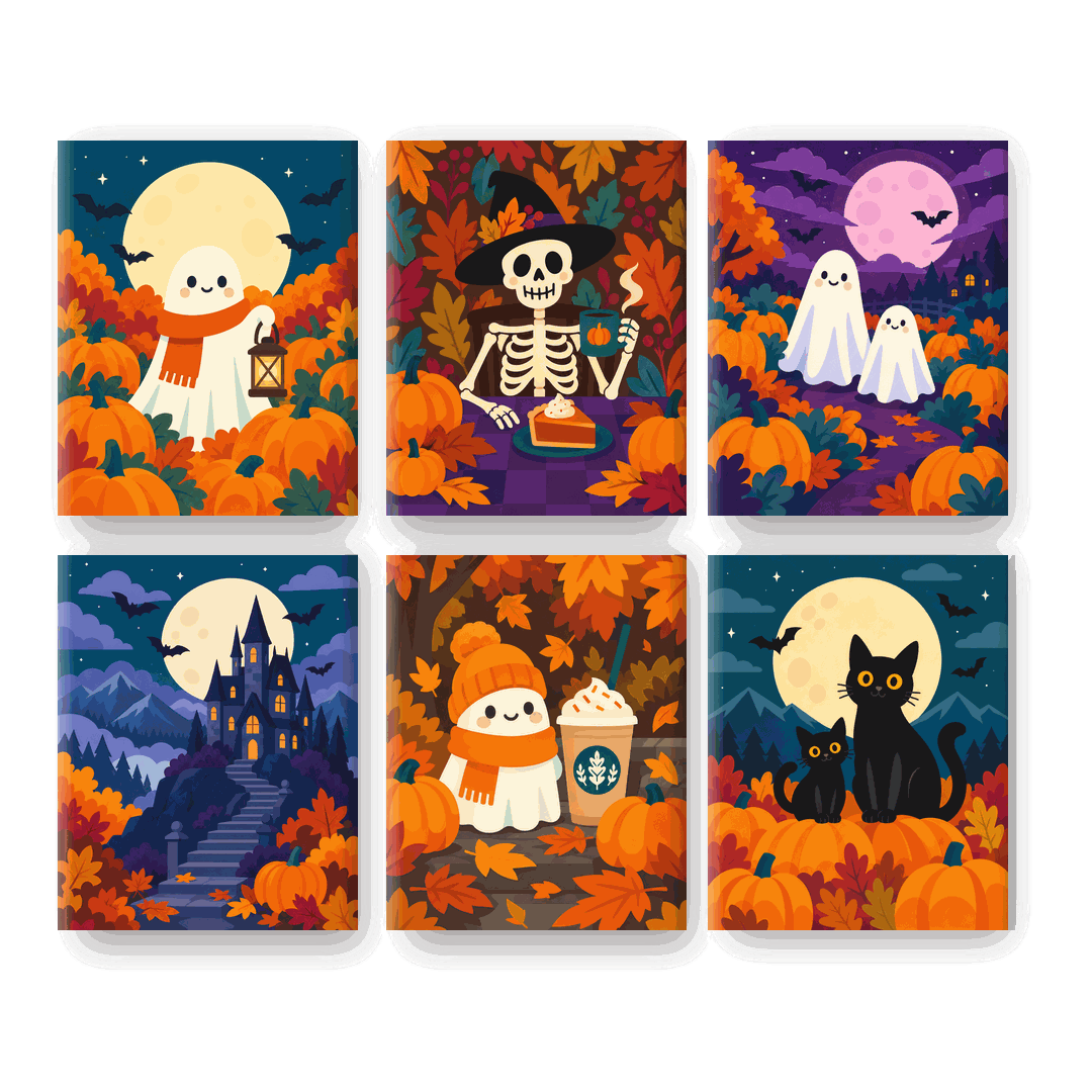 6 Mini-Gemälde | Gruselige Herbstnächte Set - Malen nach Zahlen