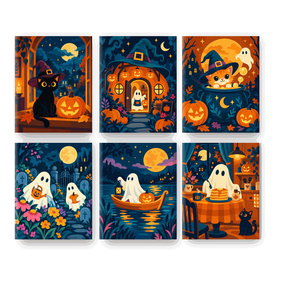 6 Mini-Gemälde | Halloween im Mondlicht Set - Malen nach Zahlen