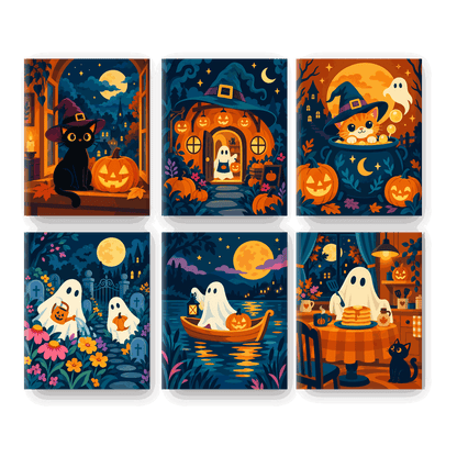 6 Mini-Gemälde | Halloween im Mondlicht Set - Malen nach Zahlen