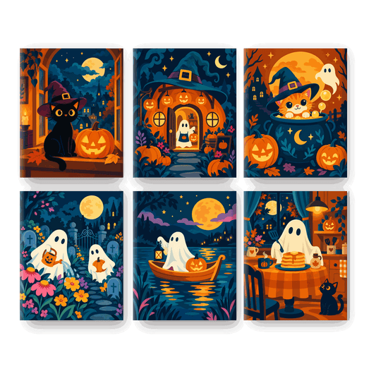6 Mini-Gemälde | Halloween im Mondlicht Set - Malen nach Zahlen
