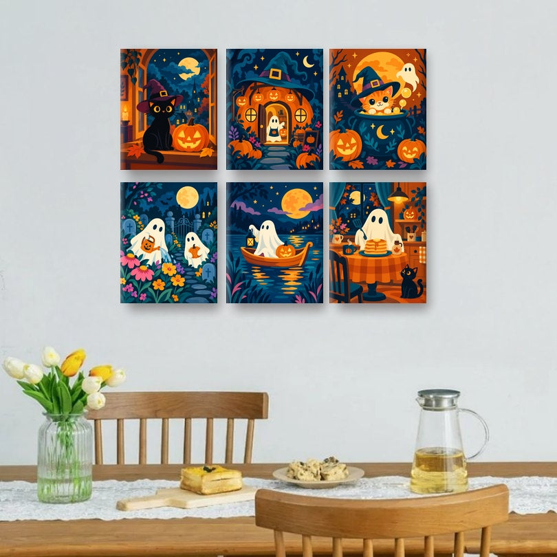 6 Mini-Gemälde | Halloween im Mondlicht Set