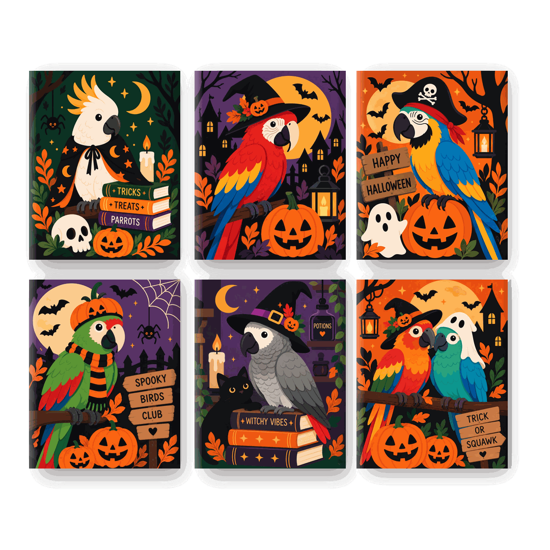 6 Mini-Gemälde | Halloween-Papageien Set - Malen nach Zahlen