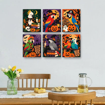 6 Mini-Gemälde | Halloween-Papageien Set