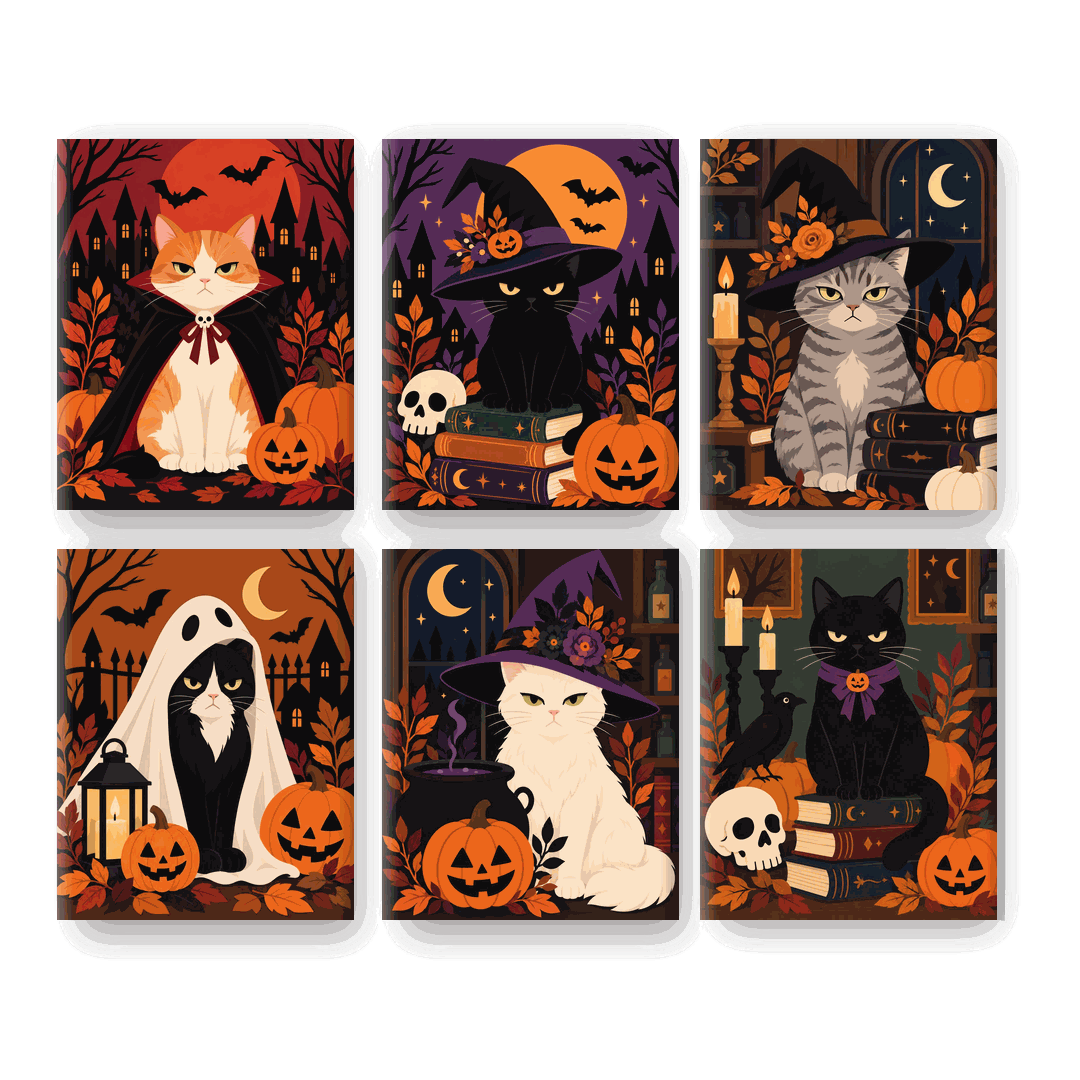 6 Mini-Gemälde | Wütende Halloween-Katzen Set - Malen nach Zahlen