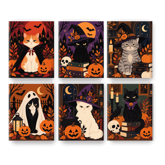 6 Mini-Gemälde | Wütende Halloween-Katzen Set - Malen nach Zahlen