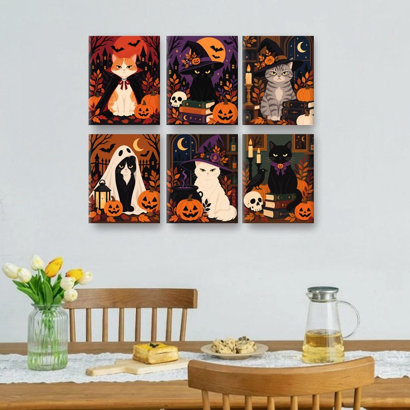 6 Mini-Gemälde | Wütende Halloween-Katzen Set