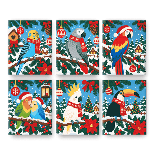 6 Mini-Gemälde | Weihnachtspapageien Set - Malen nach Zahlen