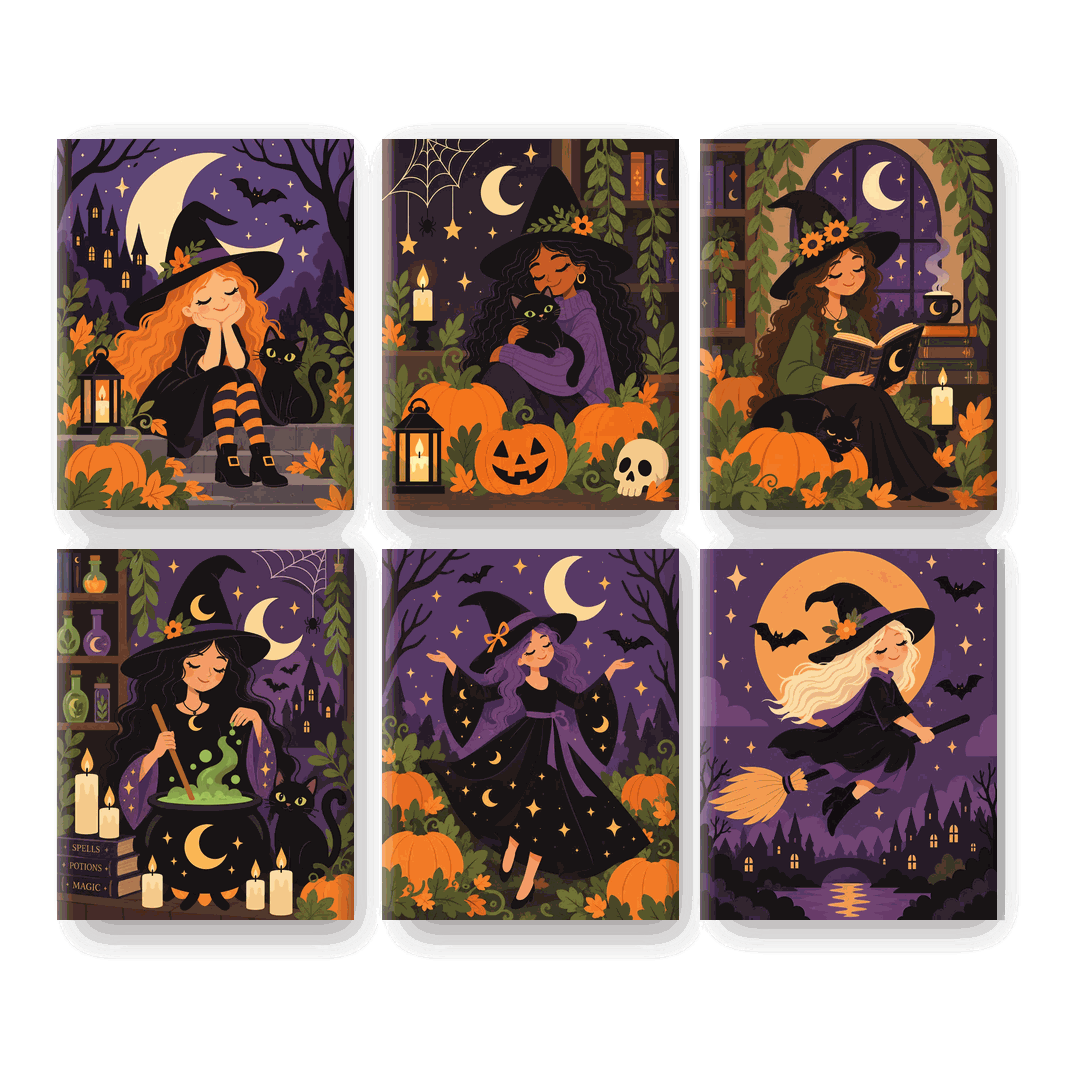 6 Mini-Gemälde | Halloween-Hexen Set - Malen nach Zahlen