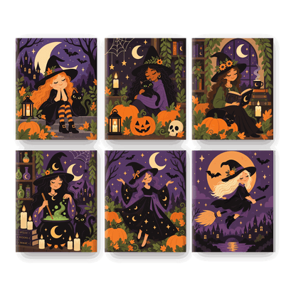 6 Mini-Gemälde | Halloween-Hexen Set - Malen nach Zahlen