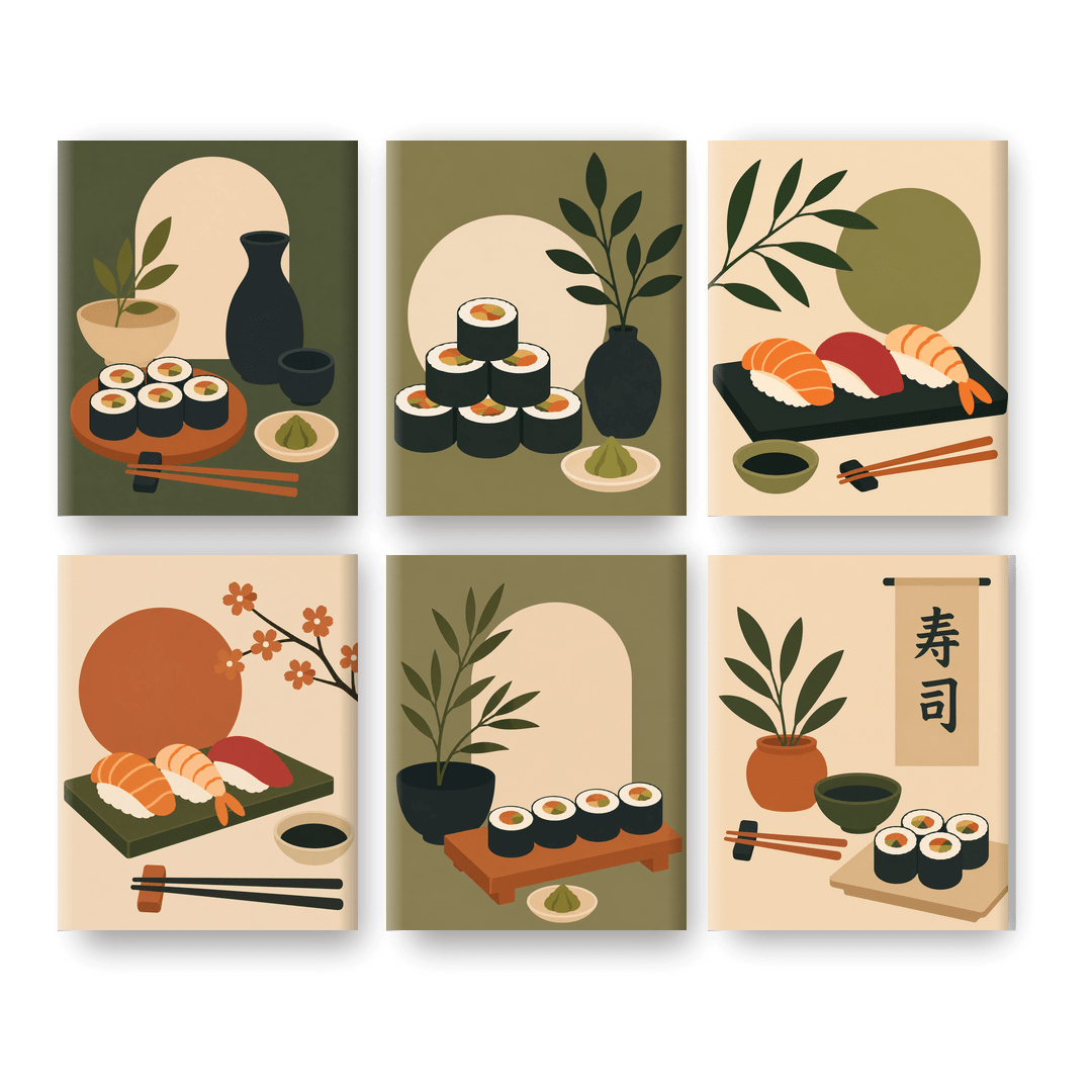 6 Mini-Gemälde | Minimalistisches Sushi Set - Malen nach Zahlen