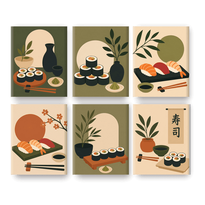 6 Mini-Gemälde | Minimalistisches Sushi Set - Malen nach Zahlen