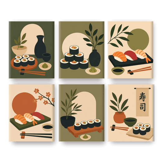 6 Mini-Gemälde | Minimalistisches Sushi Set - Malen nach Zahlen