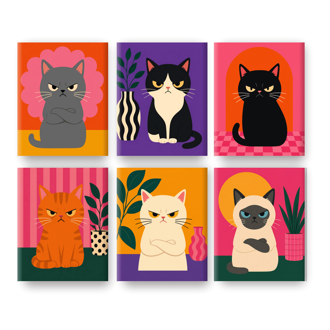 6 Mini-Gemälde | Wütende Katzen Set - Malen nach Zahlen