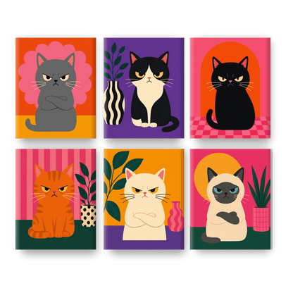 6 Mini-Gemälde | Wütende Katzen Set - Malen nach Zahlen