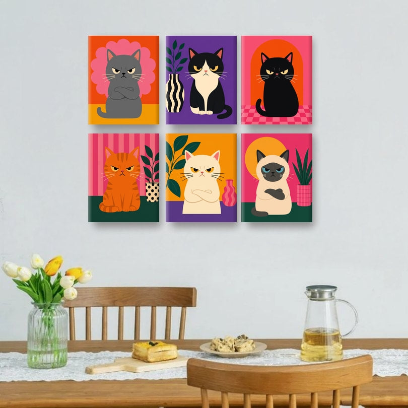 6 Mini-Gemälde | Wütende Katzen Set