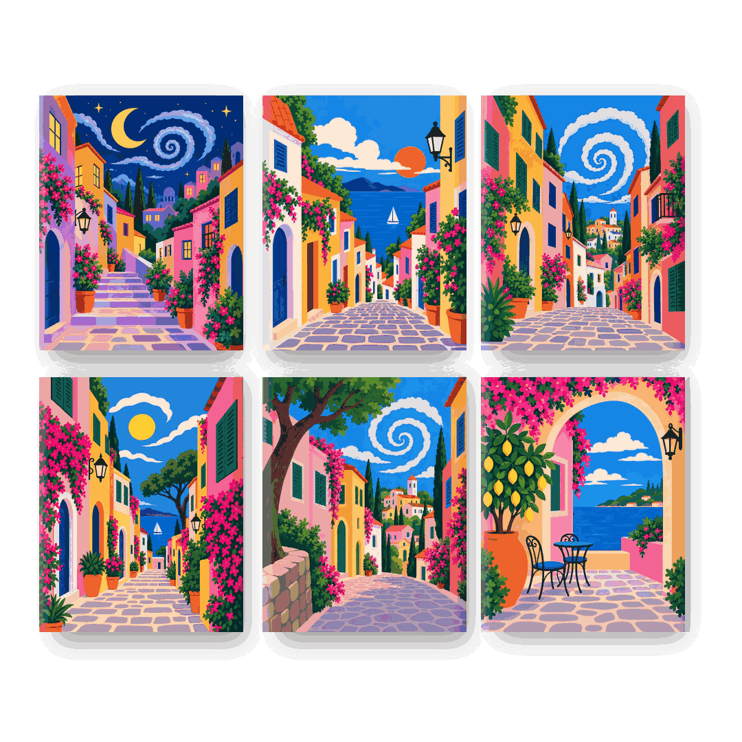 6 Mini-Gemälde | Mediterrane Gasse Set