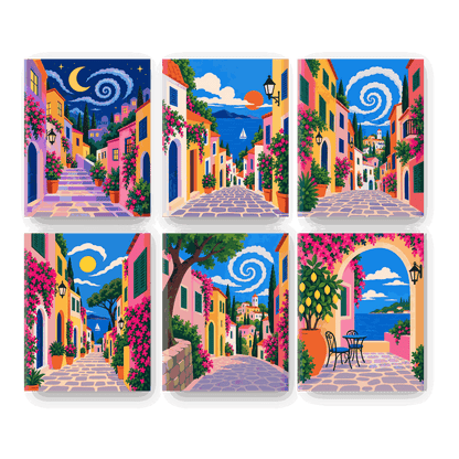 6 Mini-Gemälde | Mediterrane Gasse Set