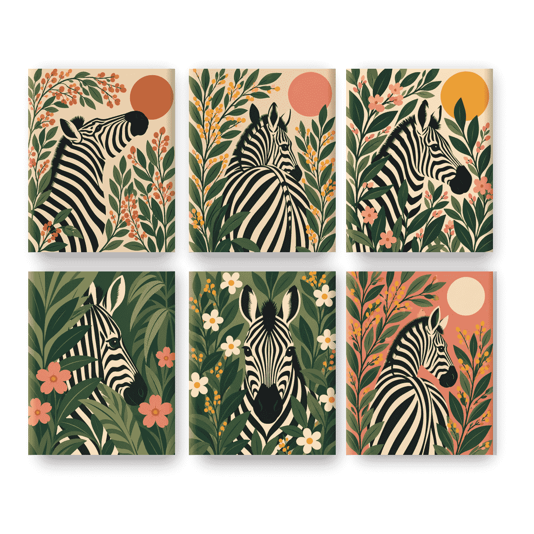 6 Mini-Gemälde | Botanisches Zebra Set
