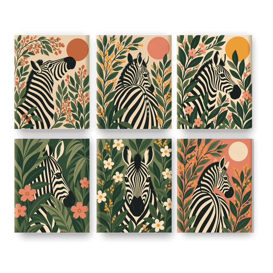6 Mini-Gemälde | Botanisches Zebra Set