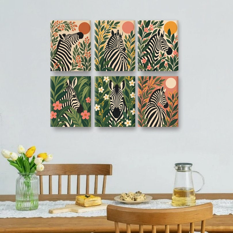6 Mini-Gemälde | Botanisches Zebra Set