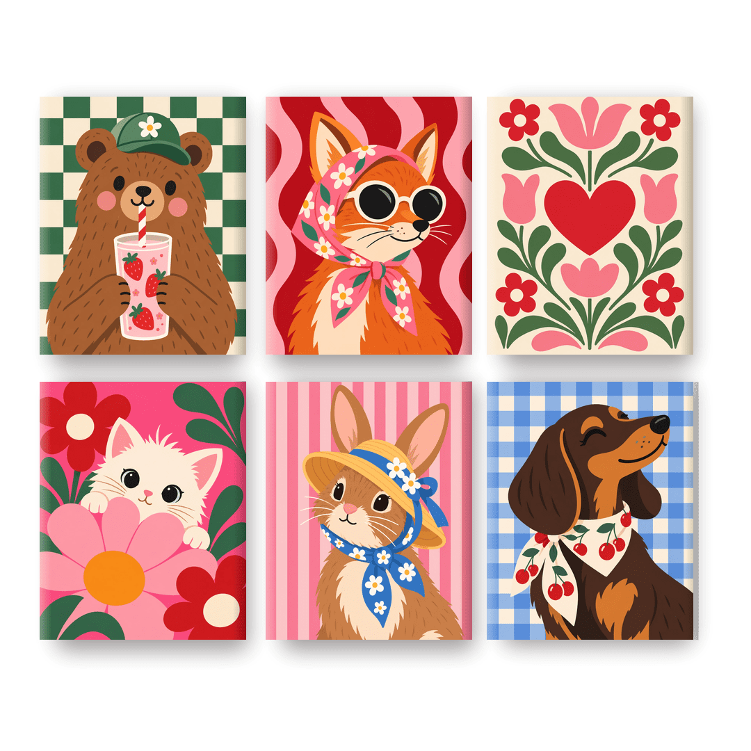 6 Mini-Gemälde | Trendige Tiere Set