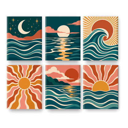 6 Mini-Gemälde | Retro-Meereswellen Set