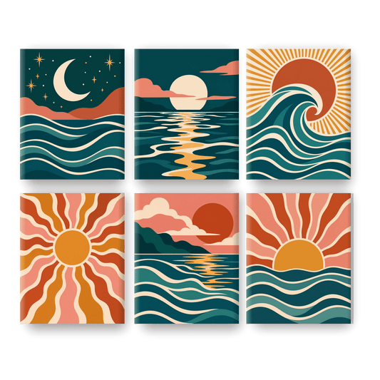 6 Mini-Gemälde | Retro-Meereswellen Set