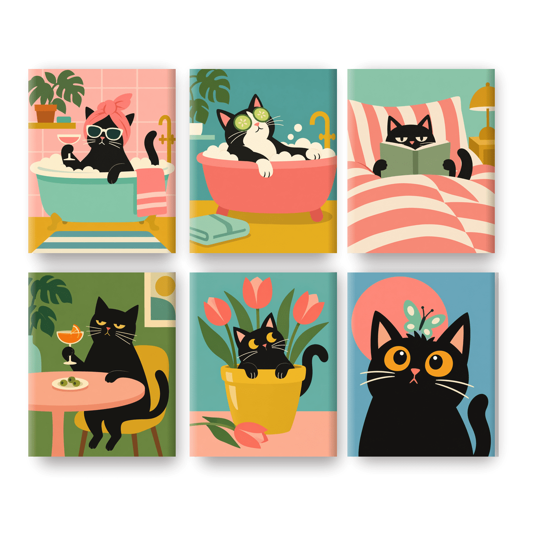 6 Mini-Gemälde | Katzen-Wellnesstag Set