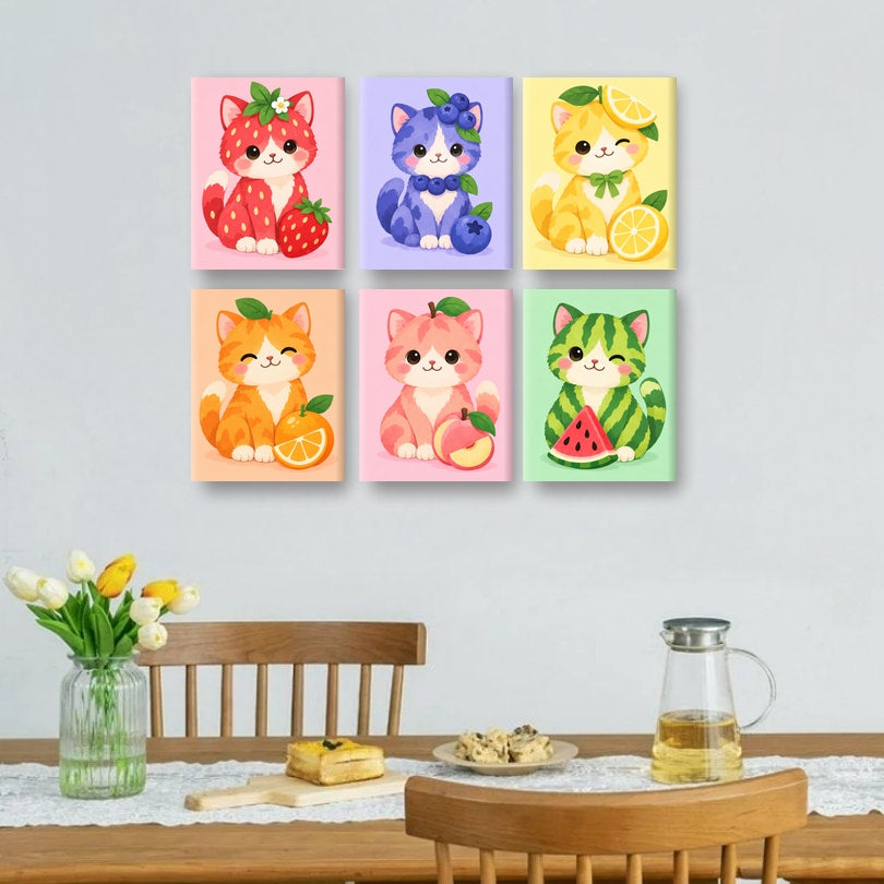 6 Mini-Gemälde | Fruchtige Kätzchen Set