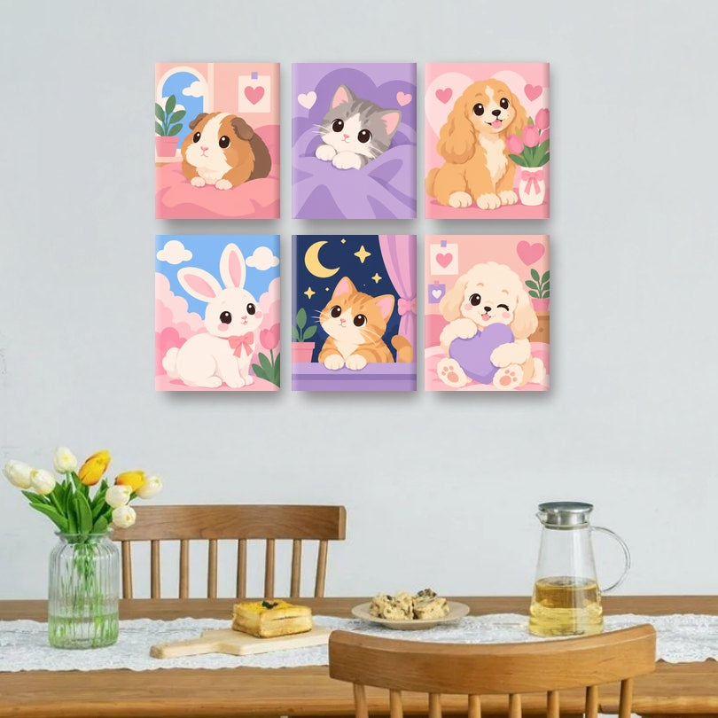 6 Mini-Gemälde | Kawaii-Haustierleben Set