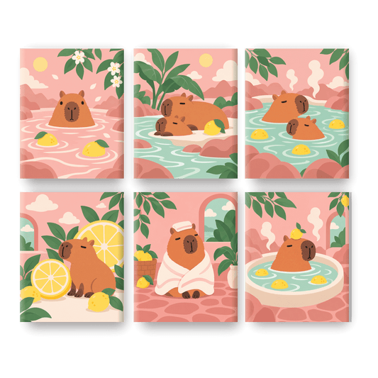 6 Mini-Gemälde | Zitronen-Spa-Capybaras Set