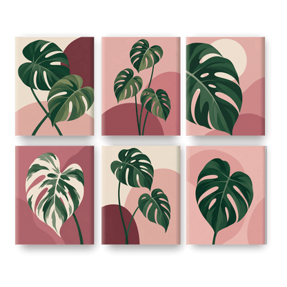 6 Mini-Gemälde | Monstera in Rosa Set