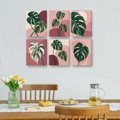 6 Mini-Gemälde | Monstera in Rosa Set