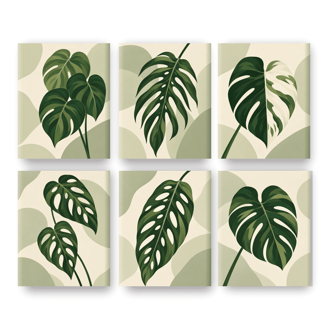 6 Mini-Gemälde | Monstera-Blatt Set