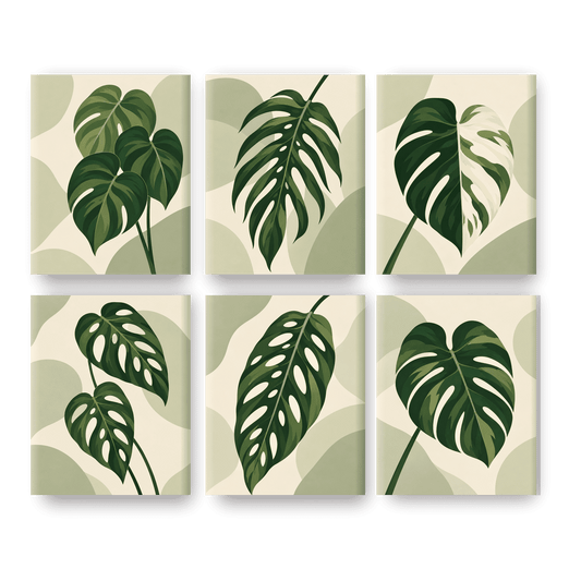 6 Mini-Gemälde | Monstera-Blatt Set