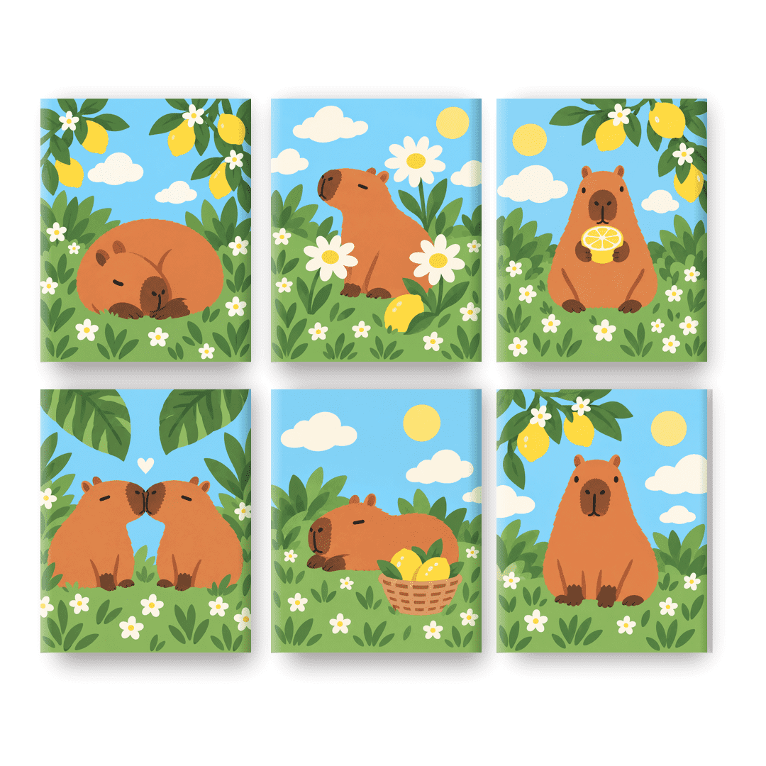 6 Mini-Gemälde | Sonnige Capybara-Tage Set