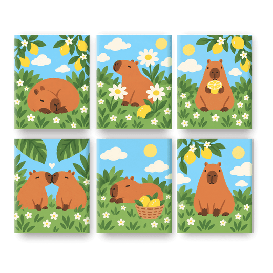 6 Mini-Gemälde | Sonnige Capybara-Tage Set