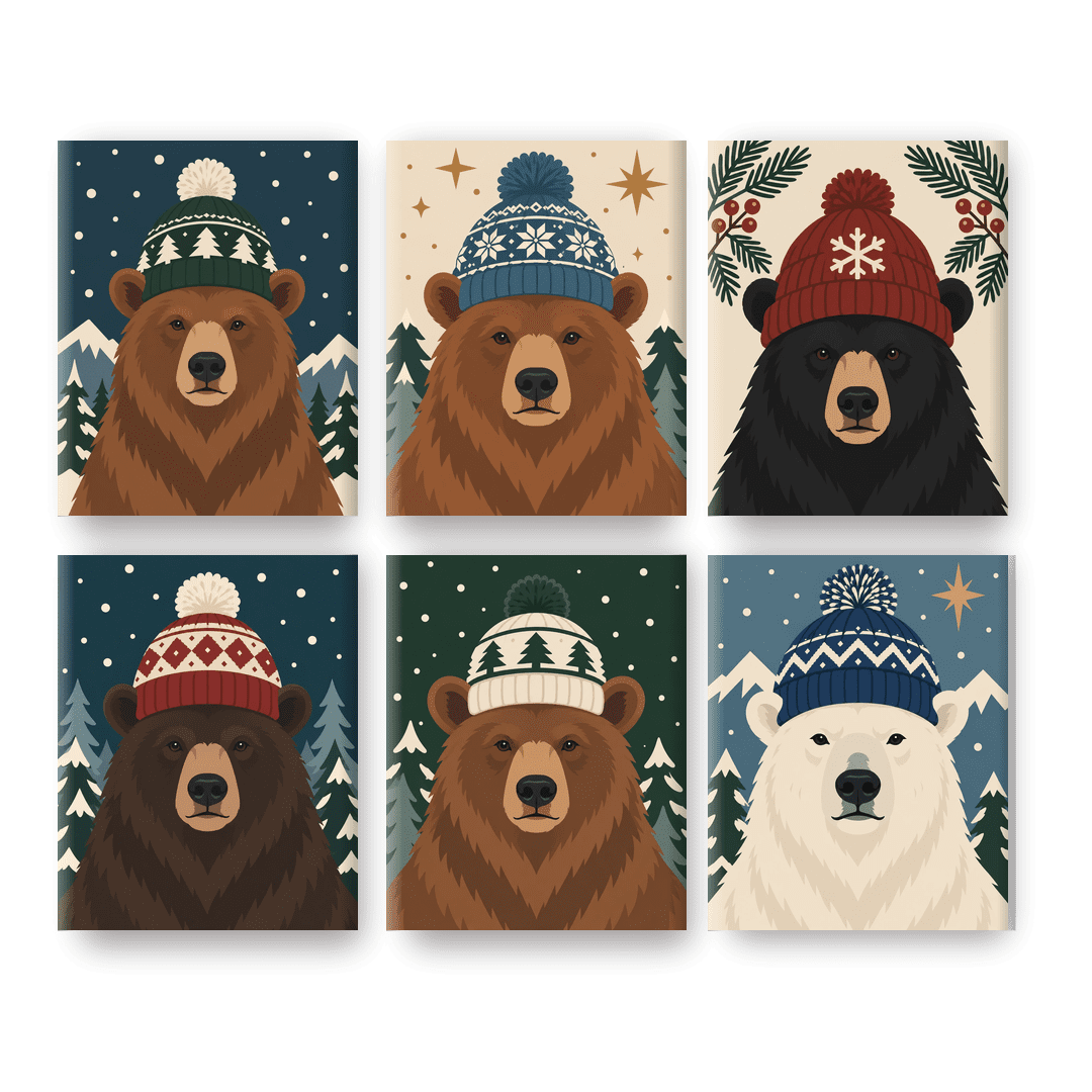 6 Mini-Gemälde | Bergbär im Winter Set