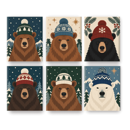 6 Mini-Gemälde | Bergbär im Winter Set
