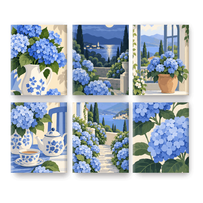 6 Mini-Gemälde | Blaue Hortensien Set