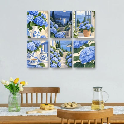 6 Mini-Gemälde | Blaue Hortensien Set