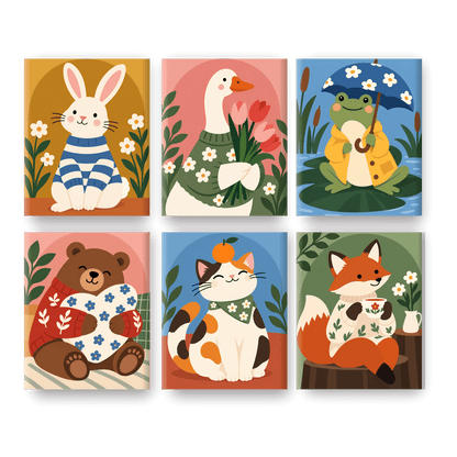 6 Mini-Gemälde | Gemütlicher Tierclub Set