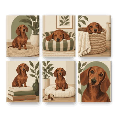 6 Mini-Gemälde | Kleines Dackelleben Set
