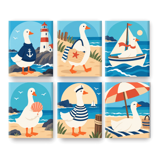 6 Mini-Gemälde | Nautische Gänse Set